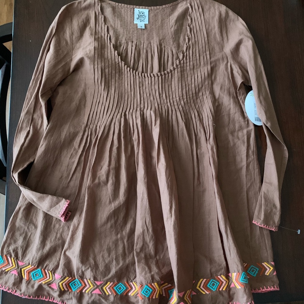 Brown Pin Tuck Tunic Shirt Embroidered Aztec NWT